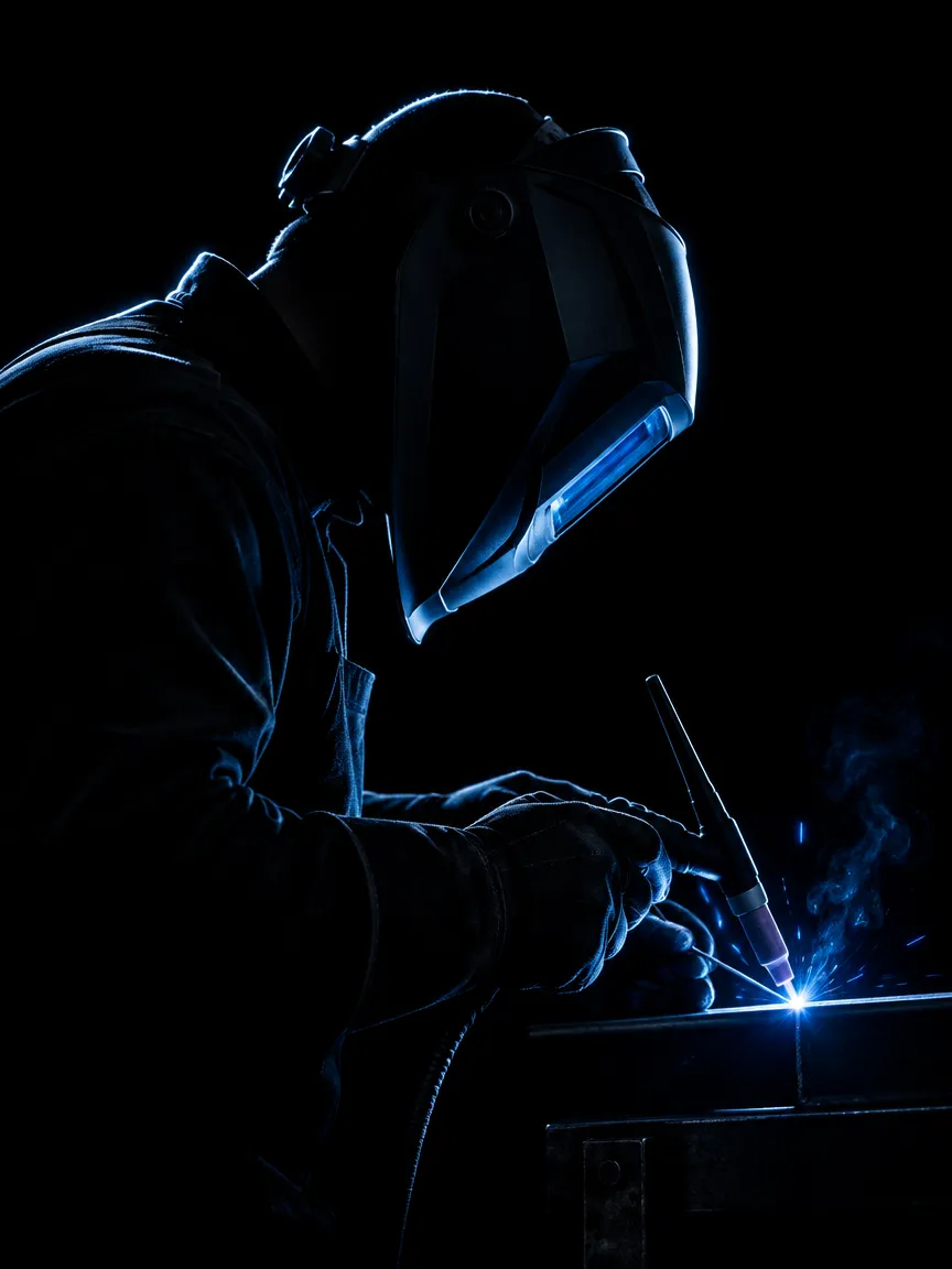 Soldador con careta trabajando con soldadura TIG